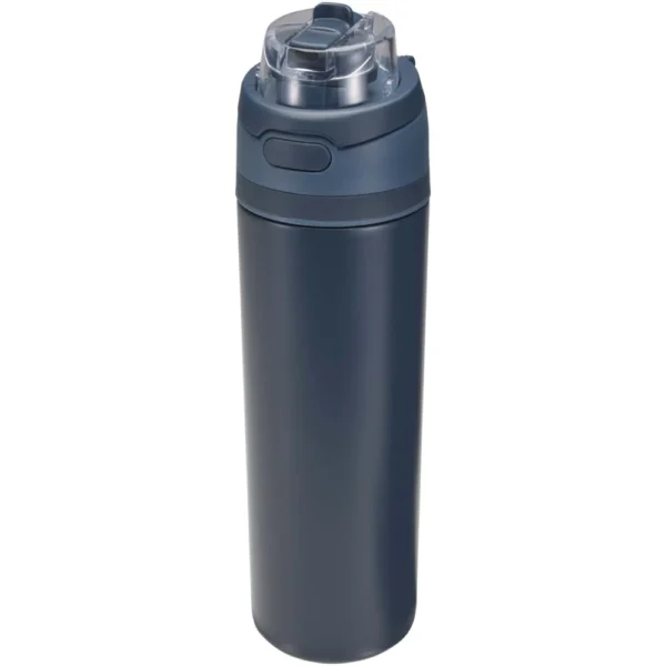 Bouteille d'eau Theron 800 ml en acier inoxydable à simple paroi recyclé RCS, avec bouchon à double fonction et paille rabatt – Marine