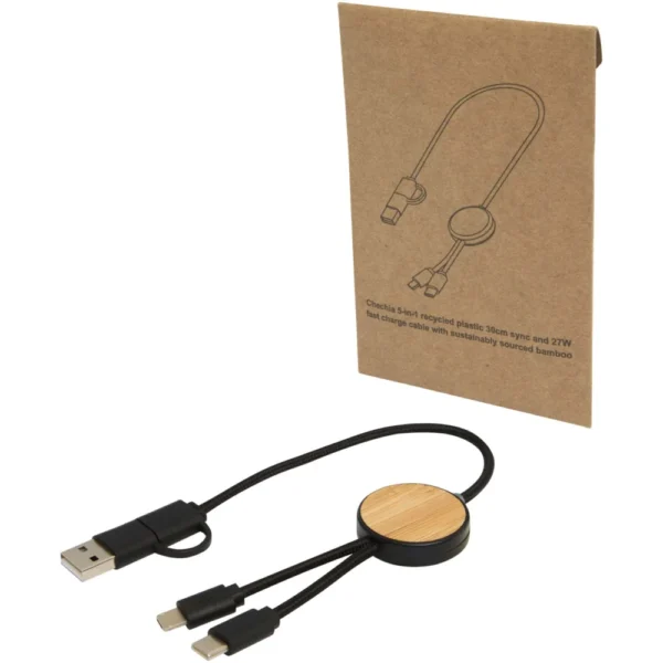 Câble 5 en 1 Chechia en plastique recyclé de 30 cm pour la synchronisation des données et la charge rapide de 27 W avec détai – Noir