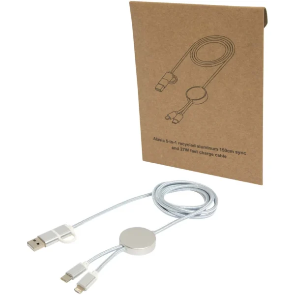Câble 5 en 1 Alasia en aluminium et plastique recyclés de 150 cm pour la synchronisation des données et la charge rapide de 2 – Argent