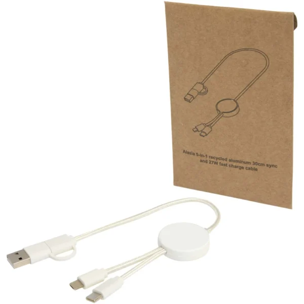 Câble 5 en 1 Citala en plastique recyclé de 30 cm pour la synchronisation des données et la charge rapide de 27 W – Blanc