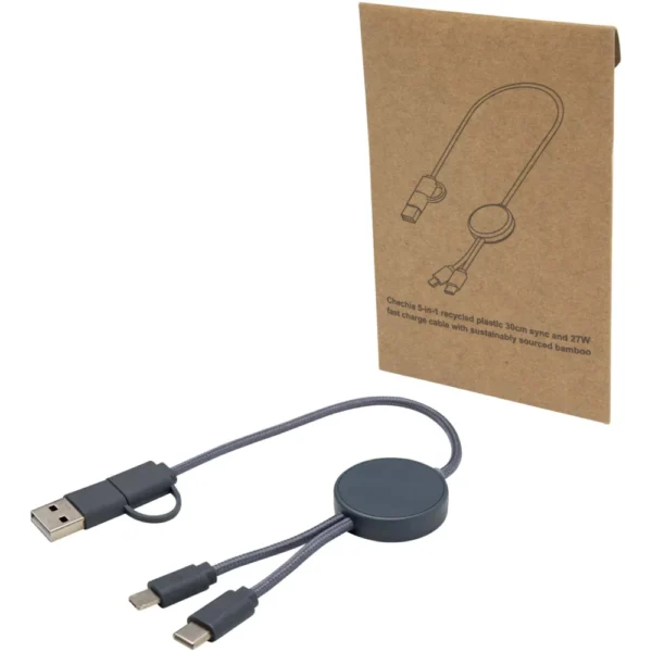 Câble 5 en 1 Citala en plastique recyclé de 30 cm pour la synchronisation des données et la charge rapide de 27 W – Bleu hale
