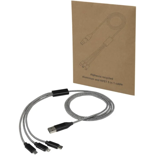 Câble de recharge 5-en-1 Alphecca en aluminium recyclé et RPET – Noir